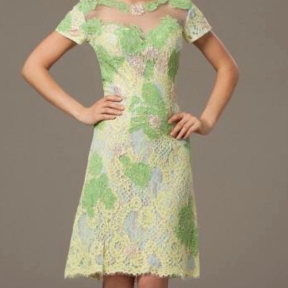 Jovani Lace Green Gold Double Layer Dress